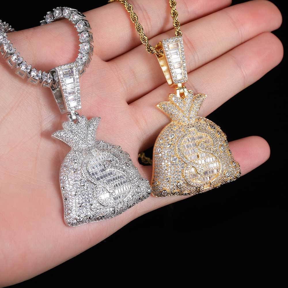Iced-Out Money Bag CZ Pendant Necklace with 24" Rope Chain