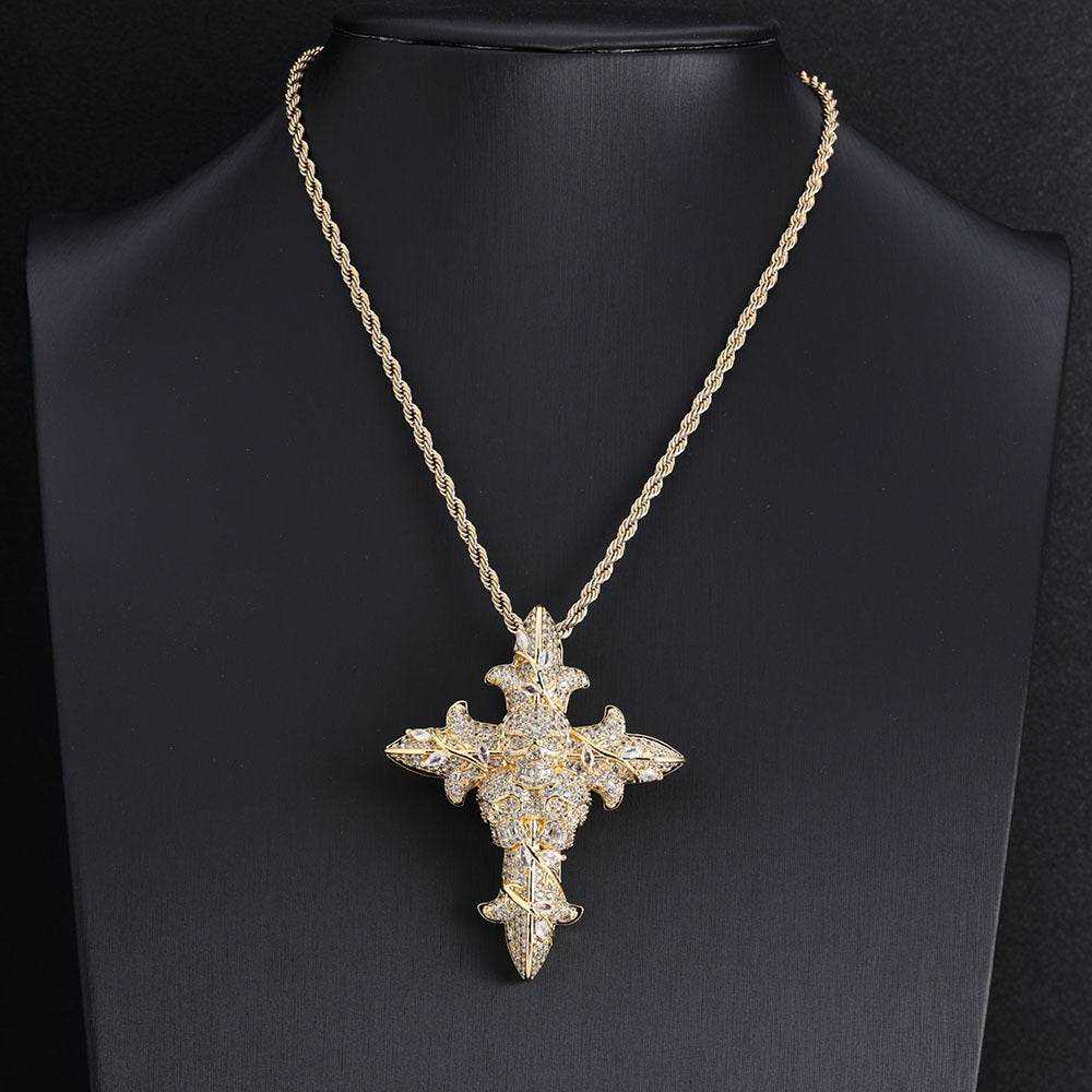 S925 Moissanite Skull Cross Pendant Necklace with 24" Rope Chain