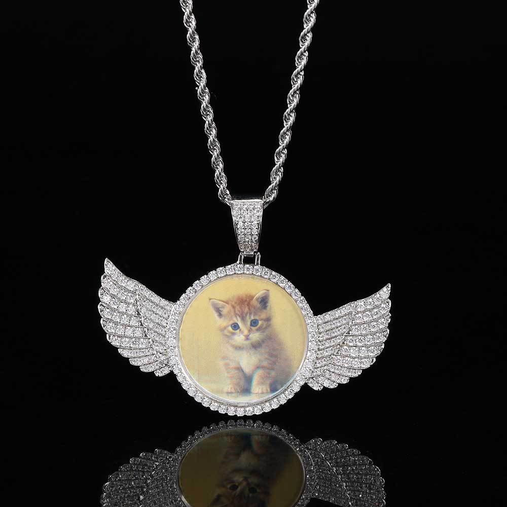 Custom Photo Angel Wing CZ Pendant Necklace with 24" Rope Chain