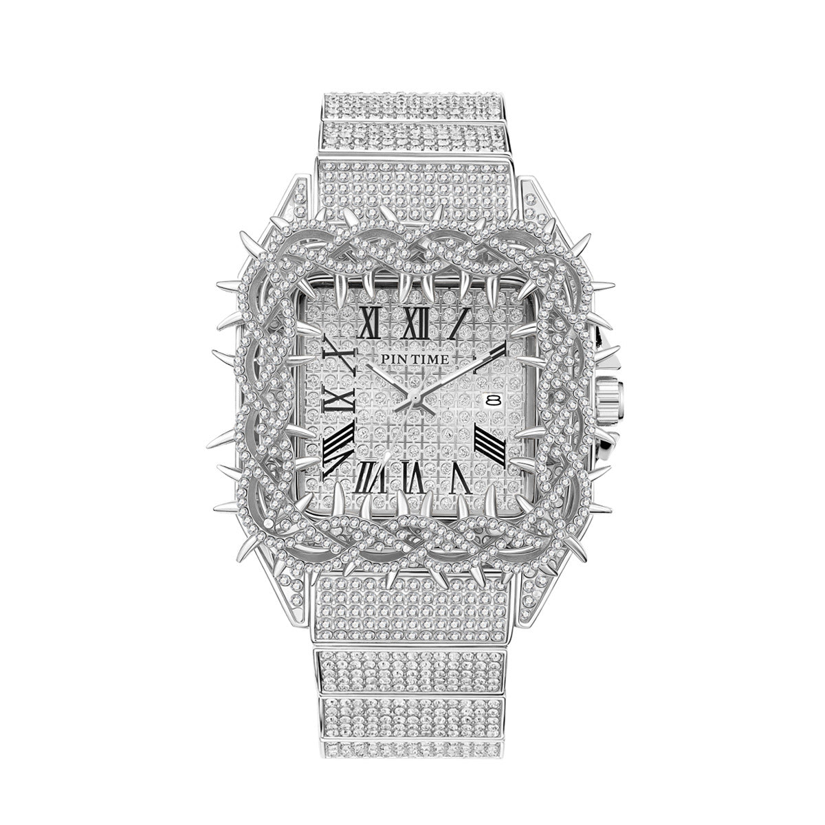 Iced Thorn Bezel Rhinestone Watch with Roman Numeral Dial