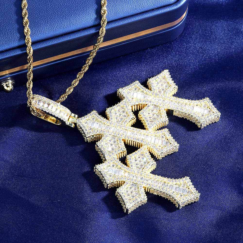 Triple Cross Moissanite Pendant Necklace with 24" Rope Chain