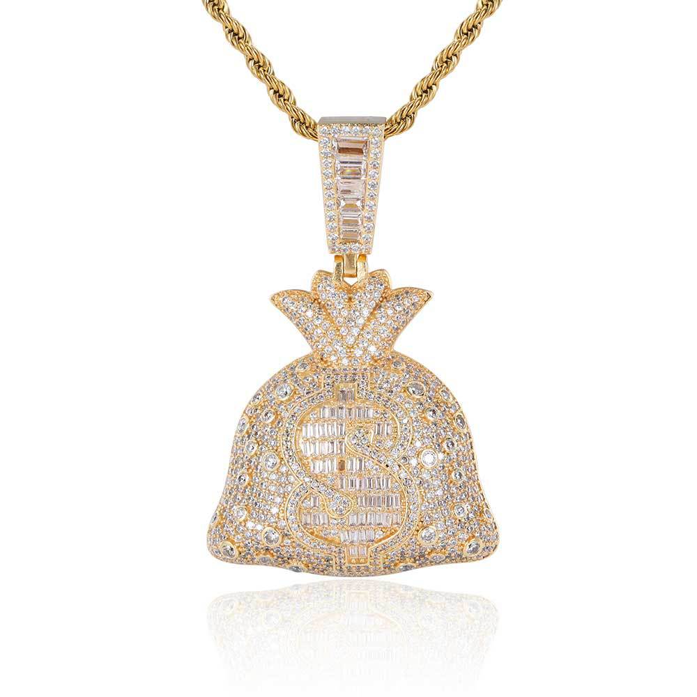 Iced-Out Money Bag CZ Pendant Necklace with 24" Rope Chain
