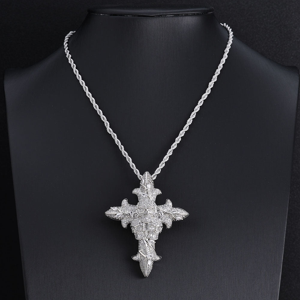 S925 Moissanite Skull Cross Pendant Necklace with 24" Rope Chain
