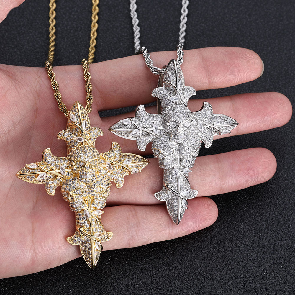 S925 Moissanite Skull Cross Pendant Necklace with 24" Rope Chain