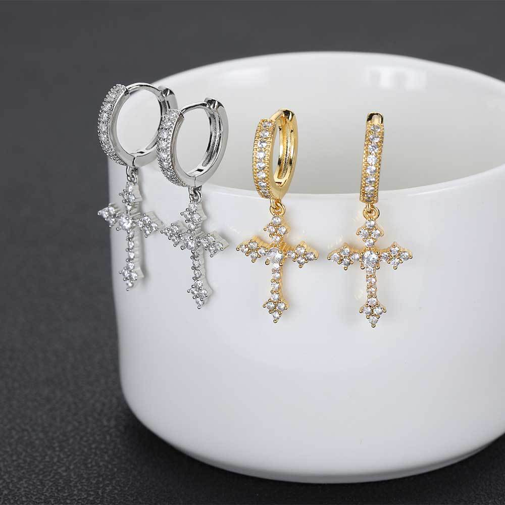 CZ Cross Huggie Hoop Earrings