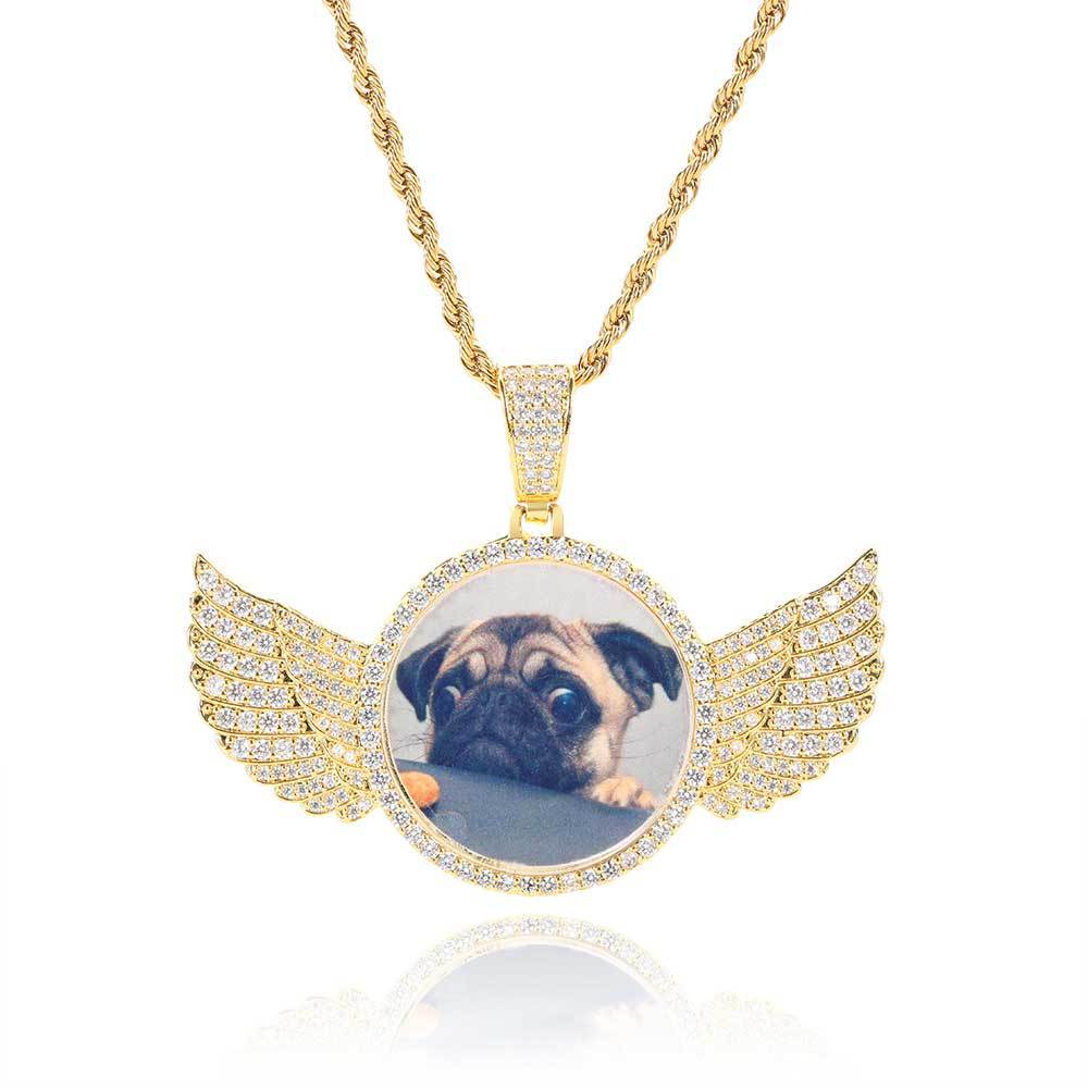 Custom Photo Angel Wing CZ Pendant Necklace with 24" Rope Chain