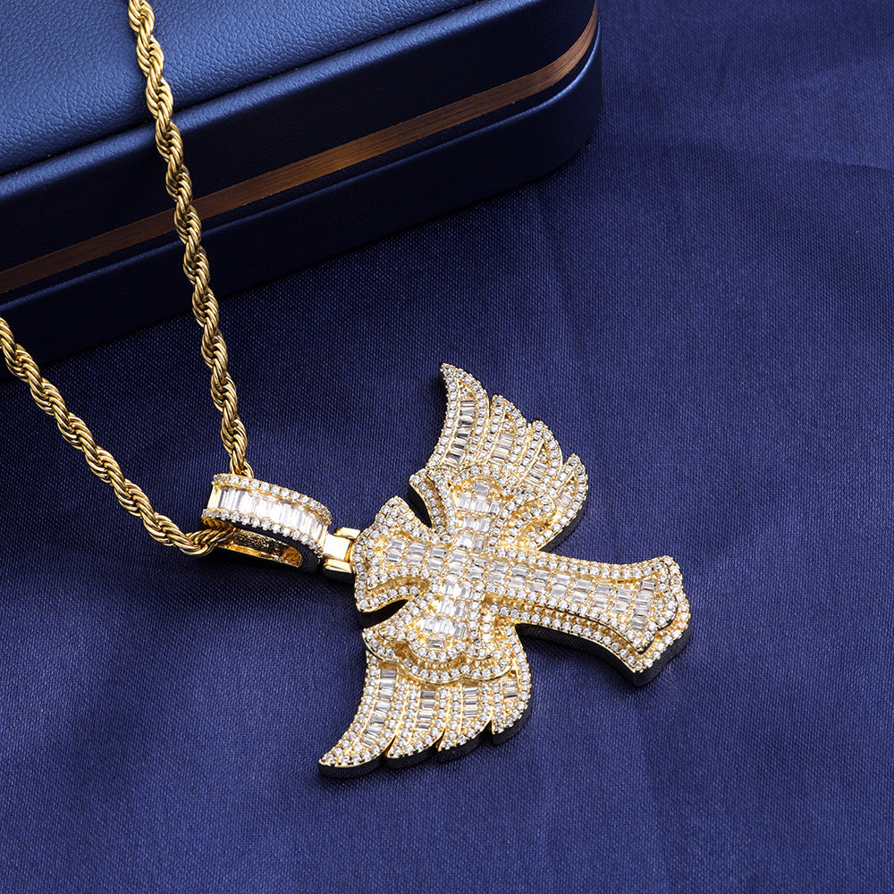 S925 Moissanite Winged Cross Pendant Necklace with 24" Rope Chain