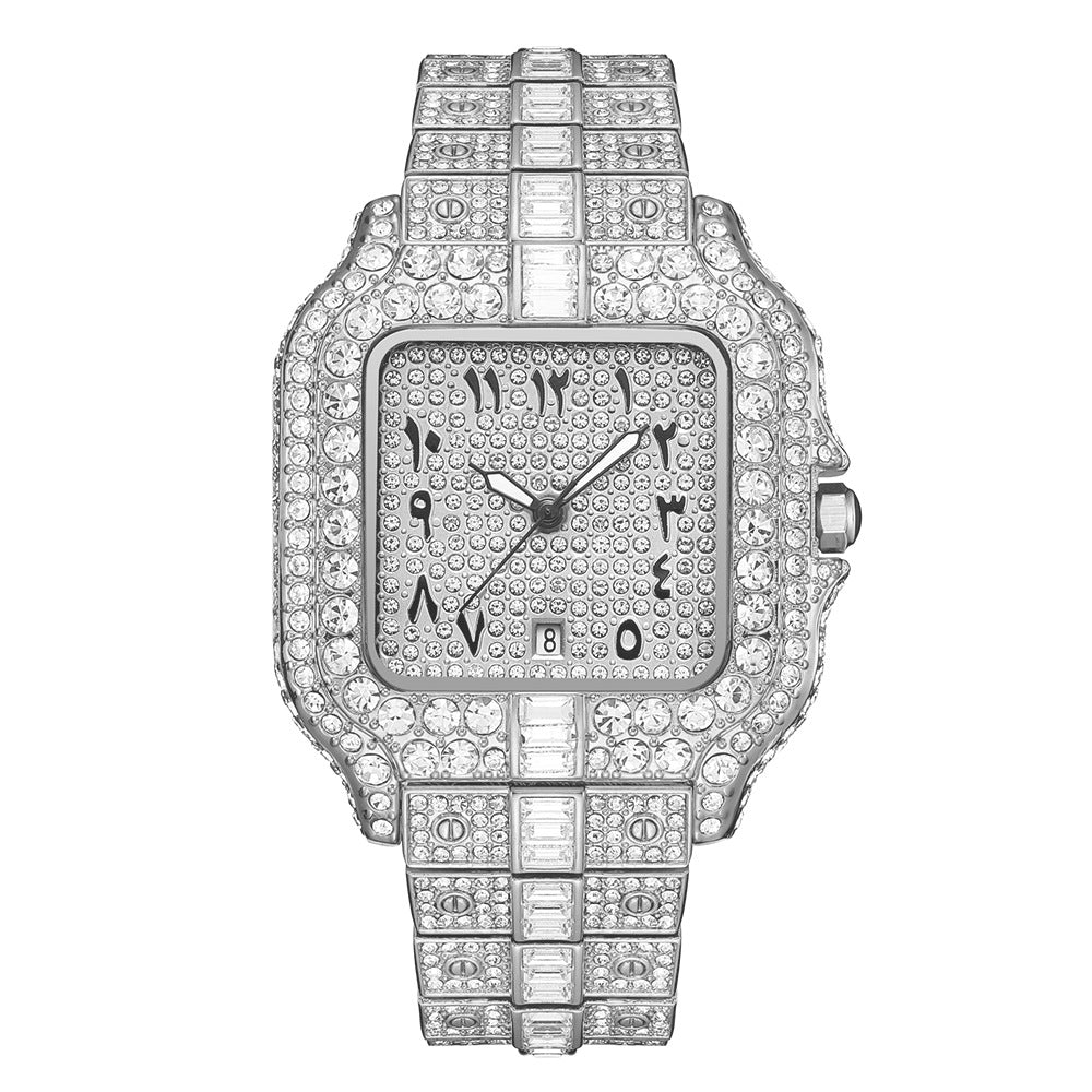 Iced Out Square Rhinestone Watch with Arabic Numeral Dial