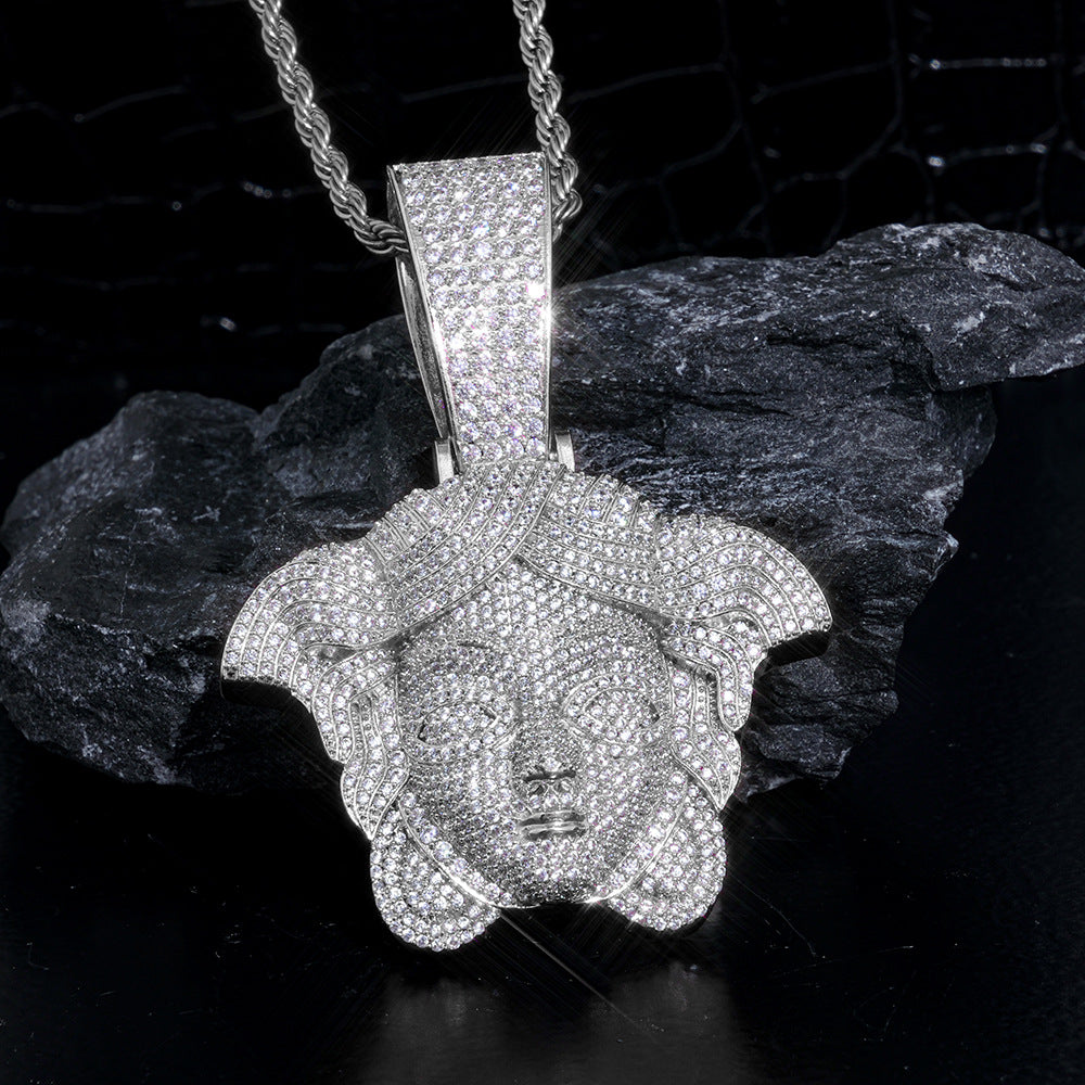 Iced-Out Greek Head CZ Pendant Necklace with 24" Rope Chain