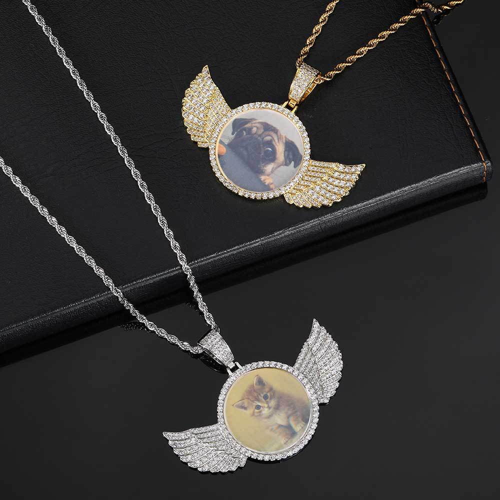 Custom Photo Angel Wing CZ Pendant Necklace with 24" Rope Chain