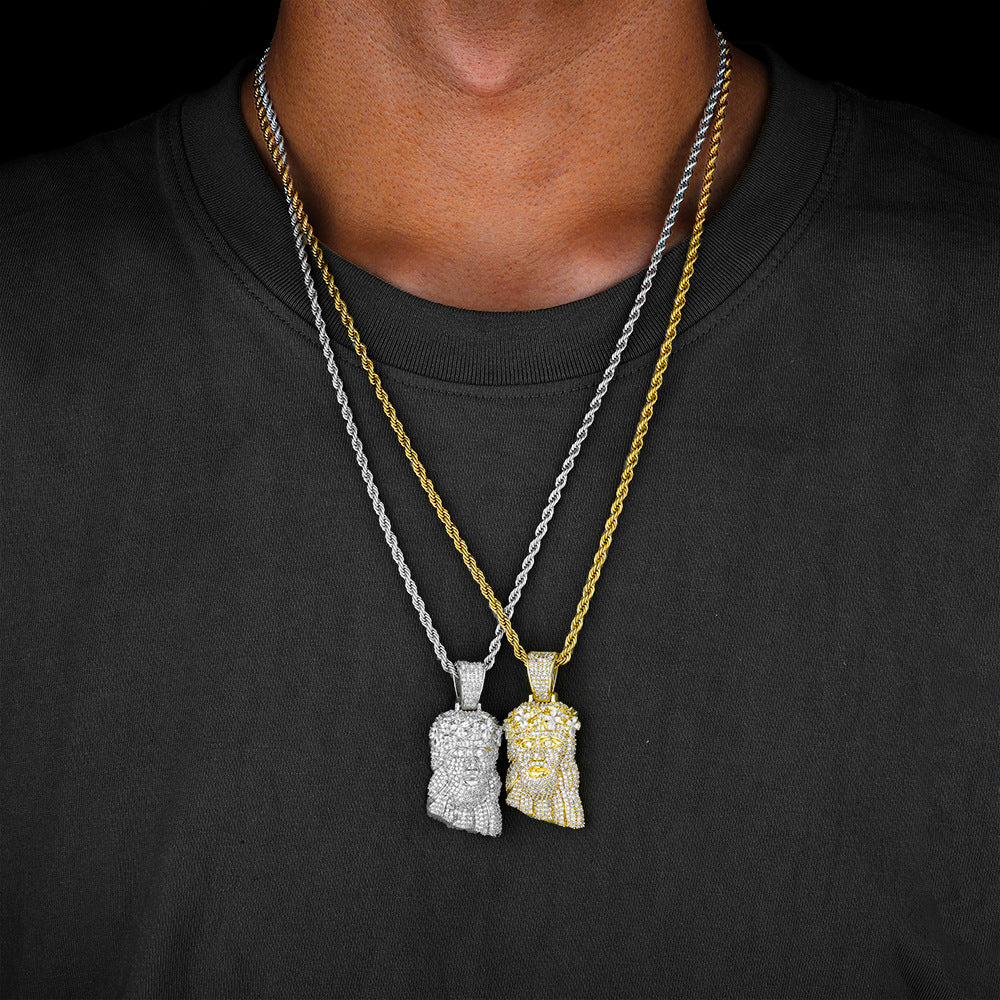 Iced-Out Jesus Face CZ Pendant Necklace with 24" Rope Chain