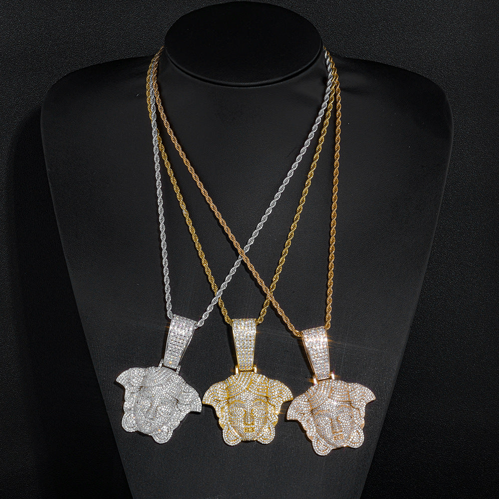 Iced-Out Greek Head CZ Pendant Necklace with 24" Rope Chain