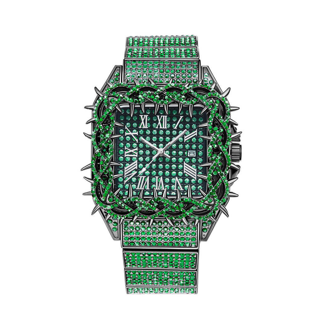 Iced Thorn Bezel Rhinestone Watch with Roman Numeral Dial