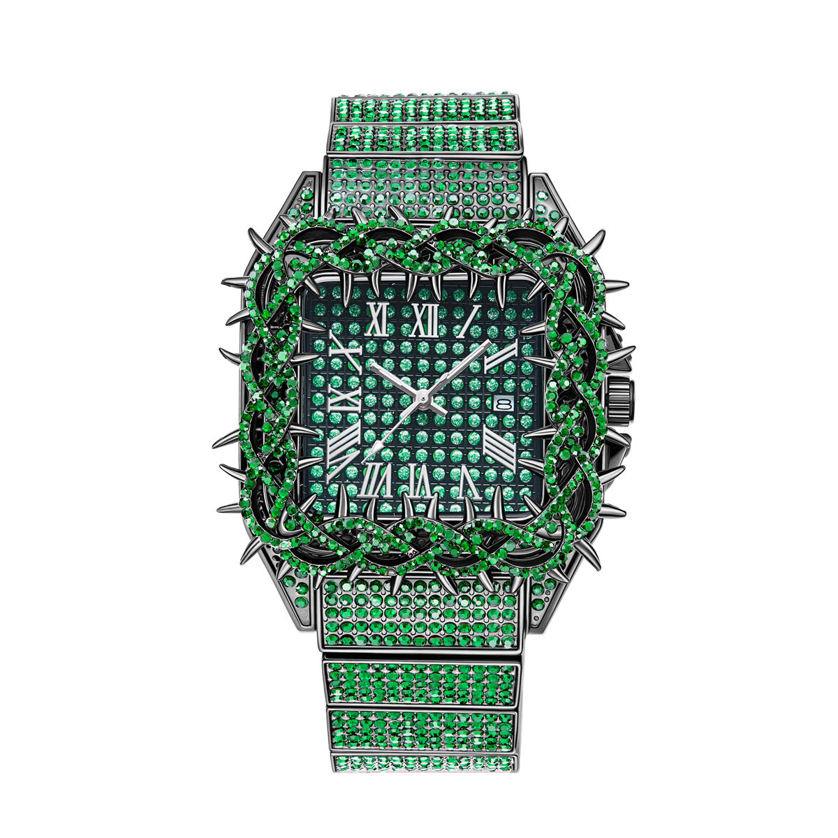 Iced Thorn Bezel Rhinestone Watch with Roman Numeral Dial