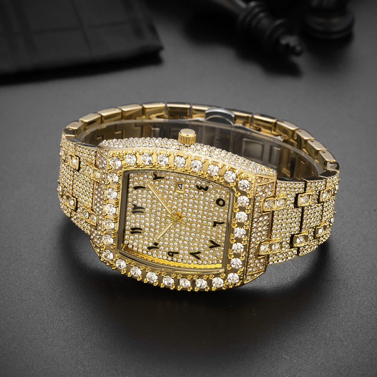 Iced Square Rhinestone Watch with Date Display