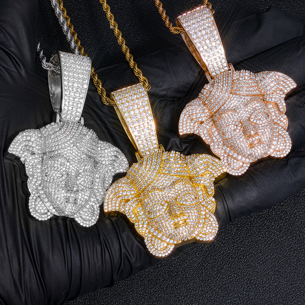 Iced-Out Greek Head CZ Pendant Necklace with 24" Rope Chain