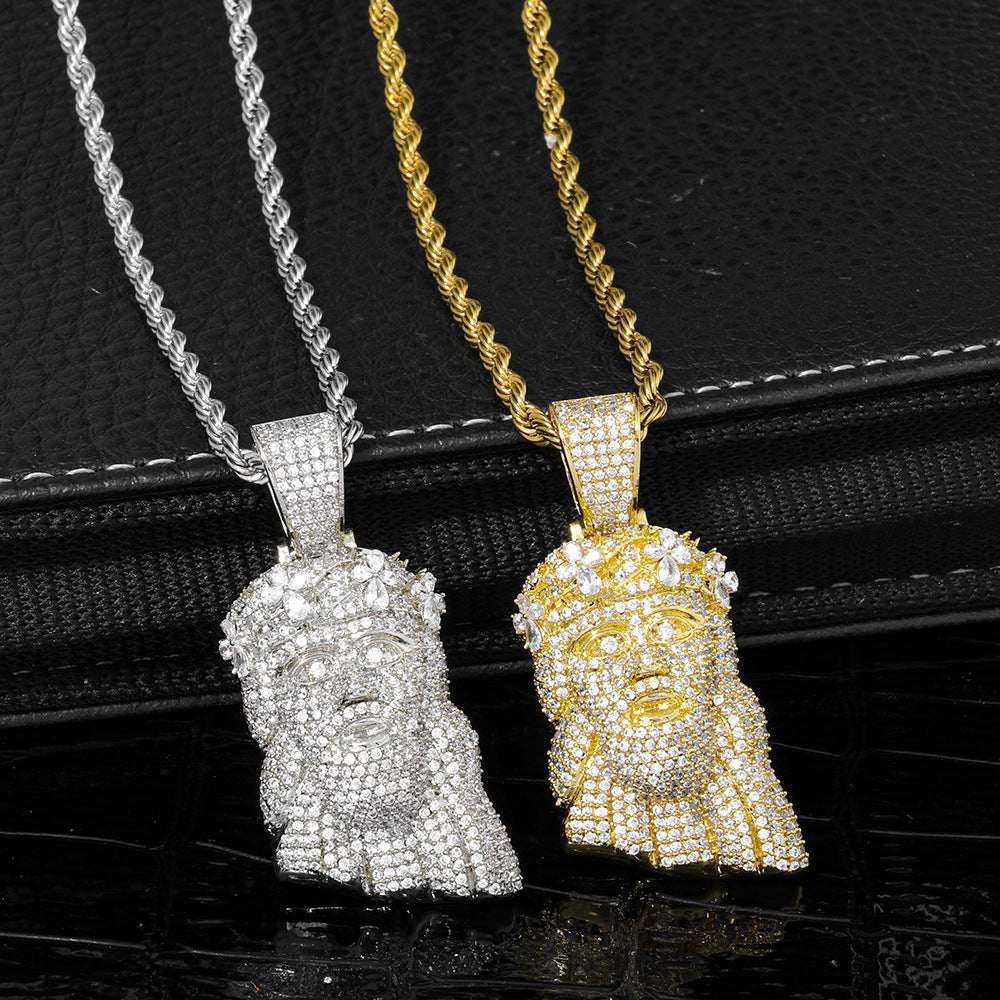 Iced-Out Jesus Face CZ Pendant Necklace with 24" Rope Chain