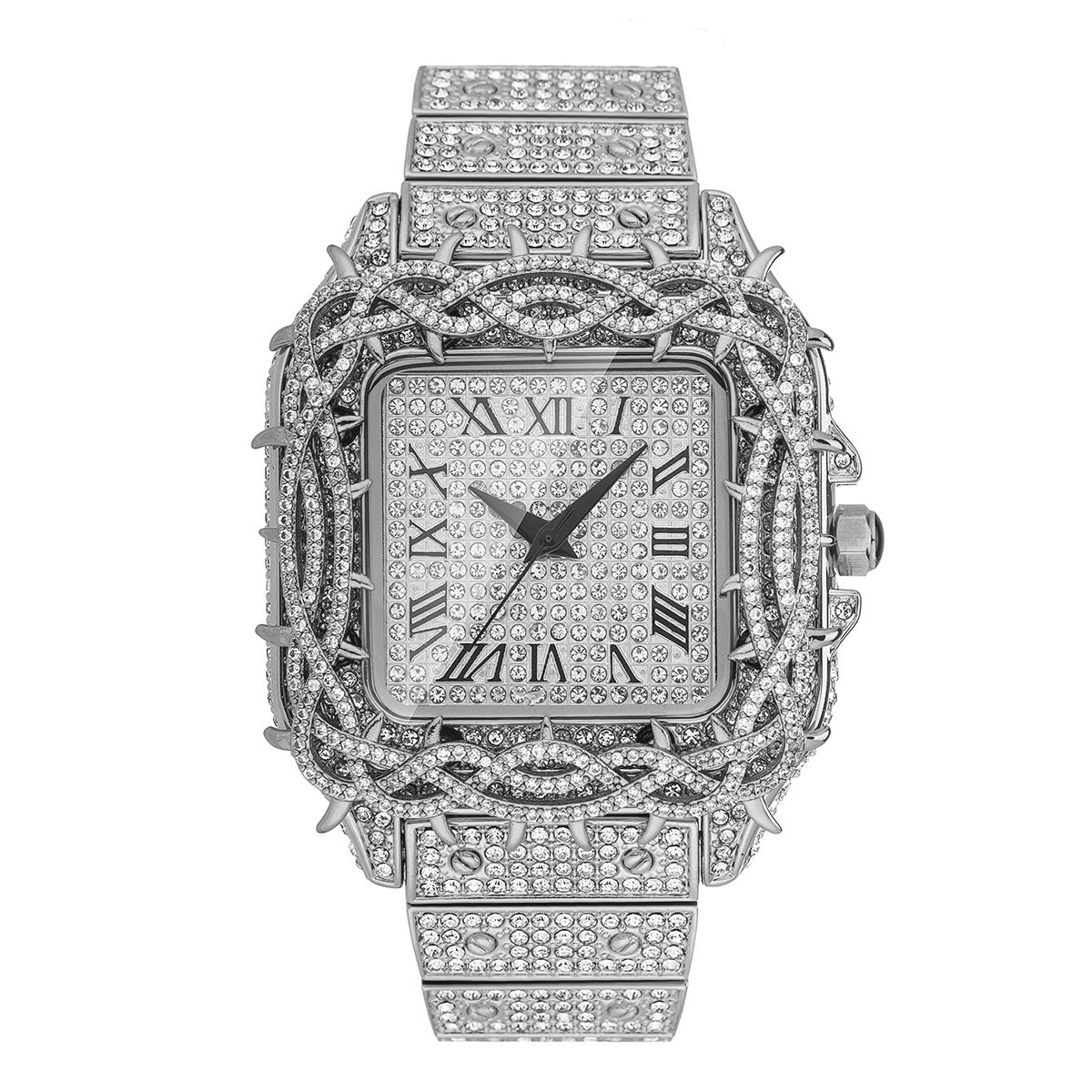 Iced Out Square Rhinestone Watch with Roman numeral Dial