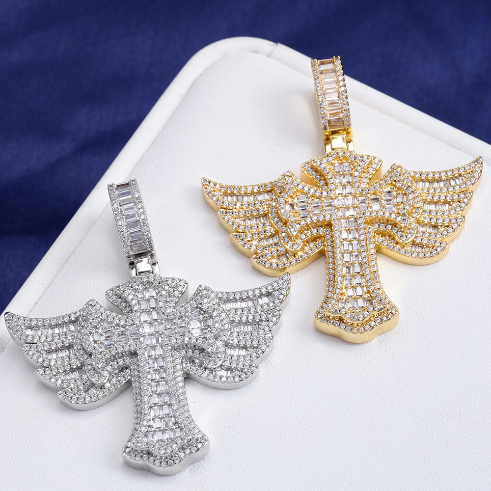 S925 Moissanite Winged Cross Pendant Necklace with 24" Rope Chain