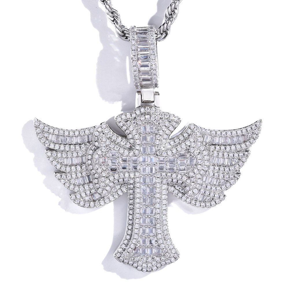 S925 Moissanite Winged Cross Pendant Necklace with 24" Rope Chain