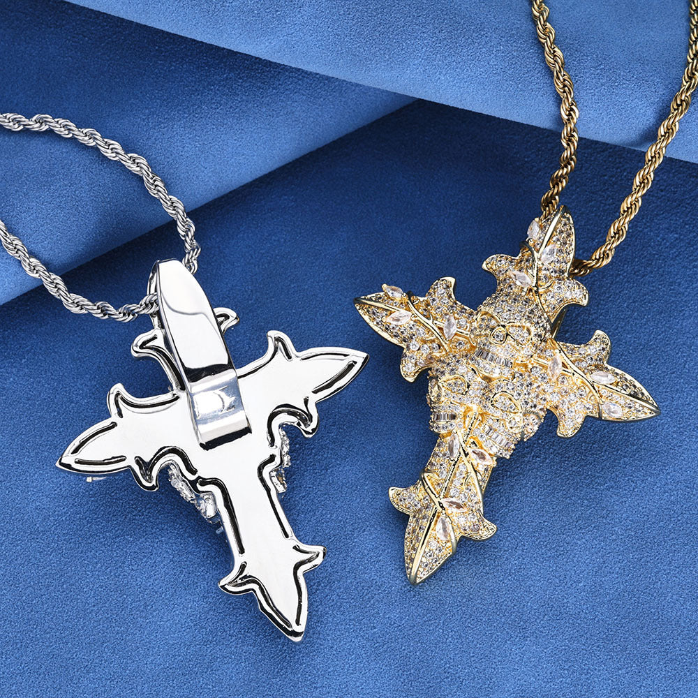 S925 Moissanite Skull Cross Pendant Necklace with 24" Rope Chain