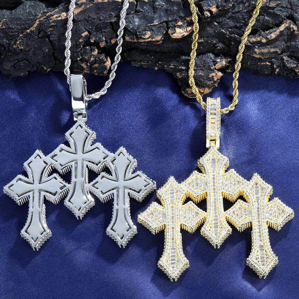Triple Cross Moissanite Pendant Necklace with 24" Rope Chain
