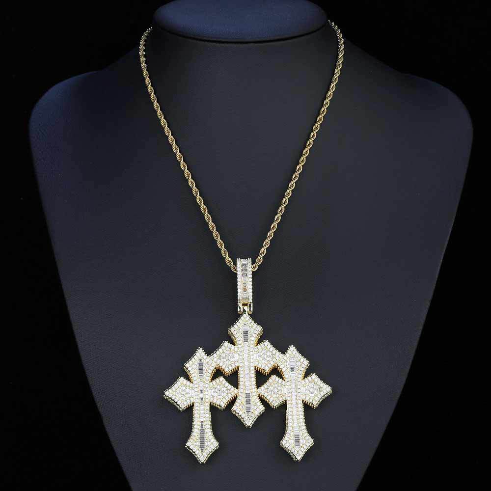 Triple Cross Moissanite Pendant Necklace with 24" Rope Chain