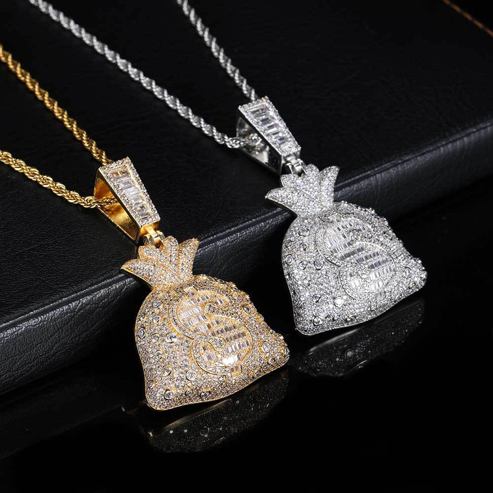 Iced-Out Money Bag CZ Pendant Necklace with 24" Rope Chain