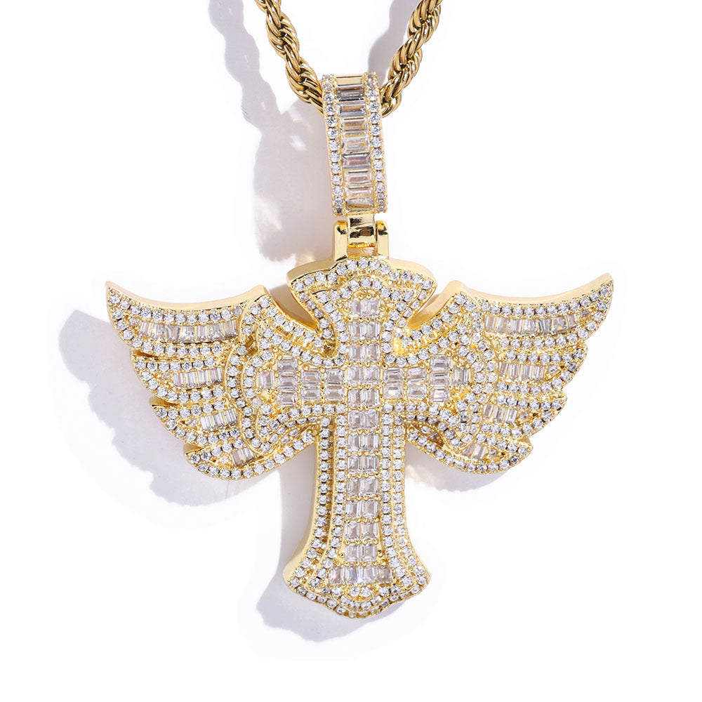 S925 Moissanite Winged Cross Pendant Necklace with 24" Rope Chain