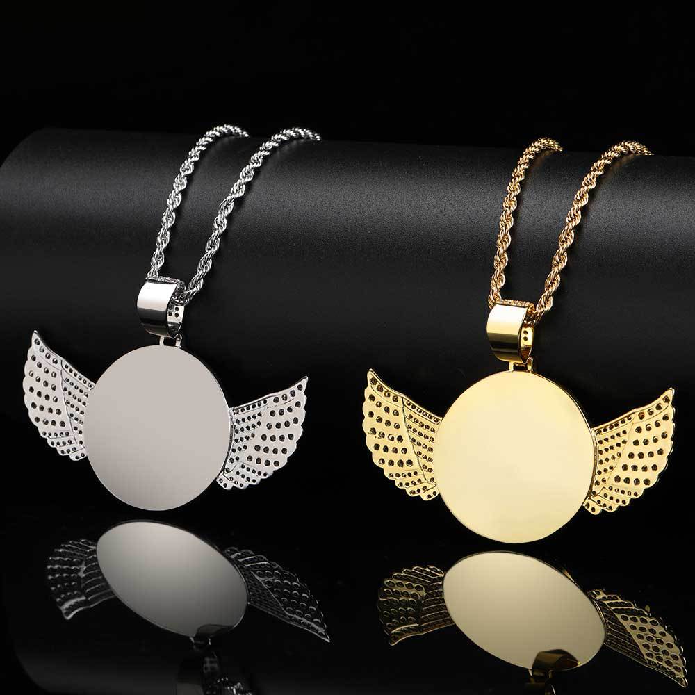 Custom Photo Angel Wing CZ Pendant Necklace with 24" Rope Chain